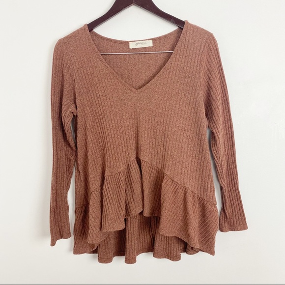 Altar'd State Tops - Altar’d State Brown V-neck Ribbed Peplum Flowy Lightweight Long Sleeve Top XL